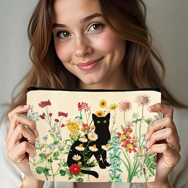 Vintage Black Cat Floral Makeup Bag – Perfect Gift for Cat Lovers, Women, Teens, Daughters, Sisters & Besties