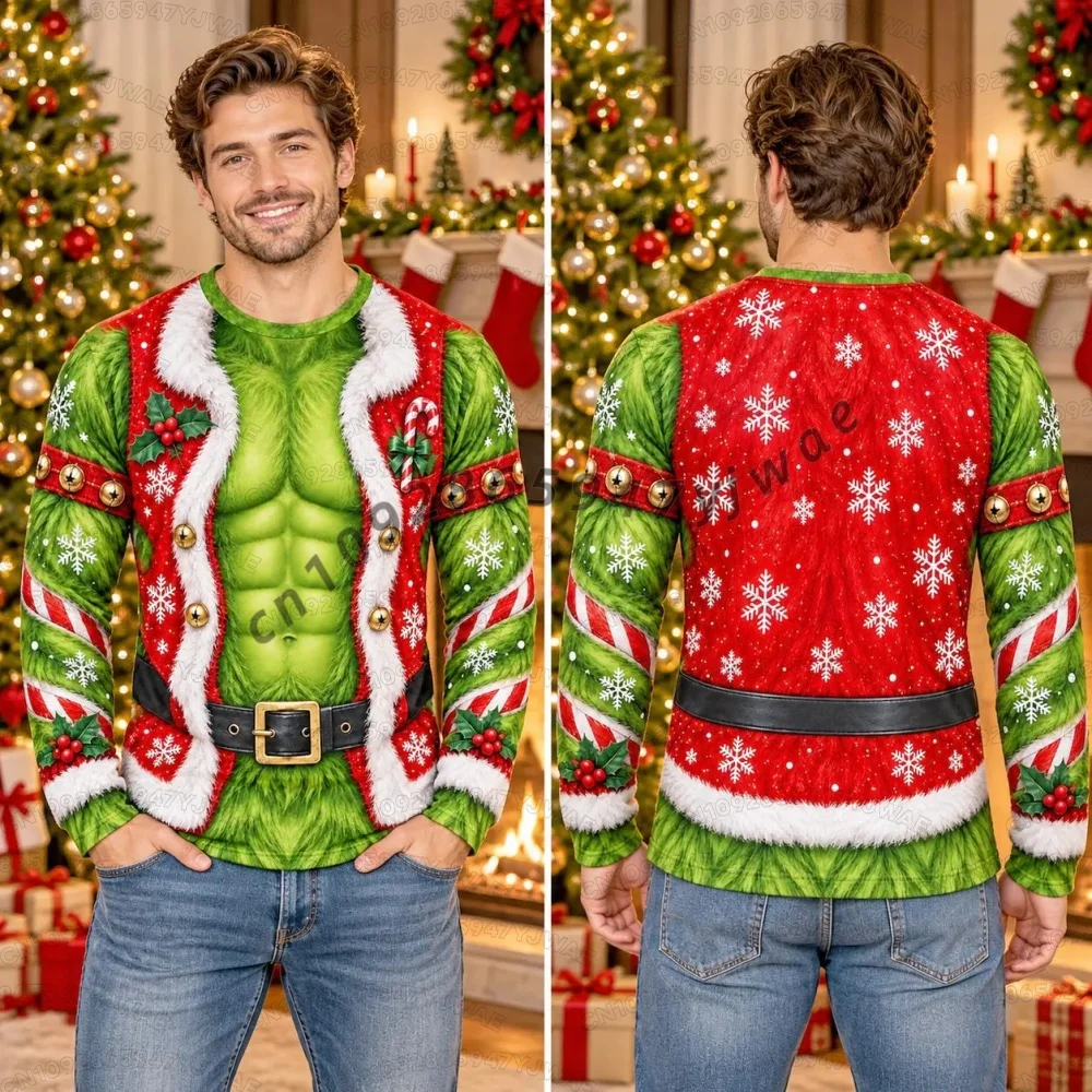 26 Men Christmas Long Sleeve T-Shirt Men Funny Green Muscle Santa Ugly Christmas 3d Print Holiday Hoodie Party Tee  Men Hoodies