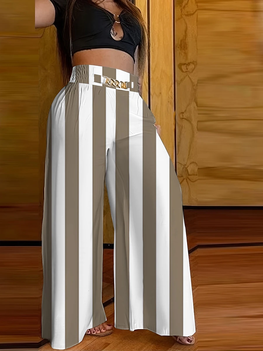 Women Fall Winter Striped Wide Leg Pants High Waist Loose Casual Trousers Elegant Straight Long Pants Vintage Office Clothes