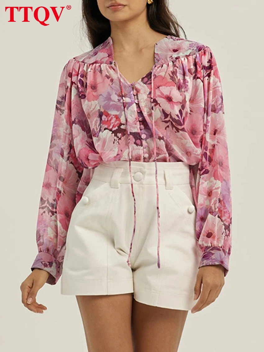 

Женская свободная блузка TTQV с принтом, весна 2026, с V-образным вырезом, длинным рукавом, винтажная классическая блузка на шнуровке, женская одежда