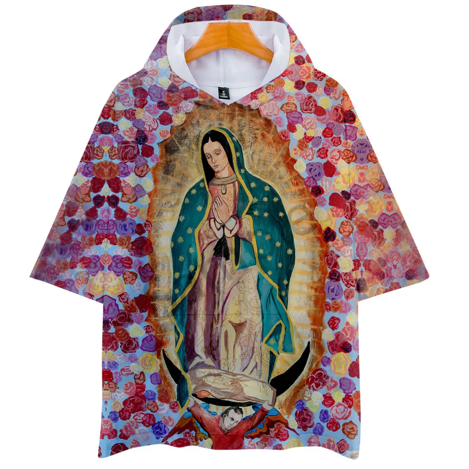 تي شيرت نسائي وعذراء ثلاثي الأبعاد للرجال والنساء ، تي شيرت بيسبول ، سيدة غوادالوبي ، بغطاء رأس ، صيفي