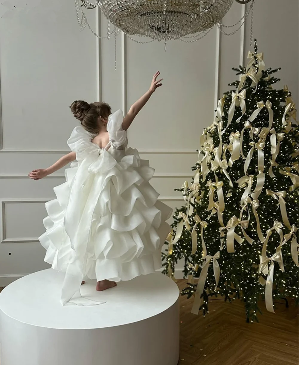 

White Flower Girl Dress Ball Gown Ruffles Tiered Bow Puff Sleeves Square Neck Fairy Princess Birthday Dress Customize