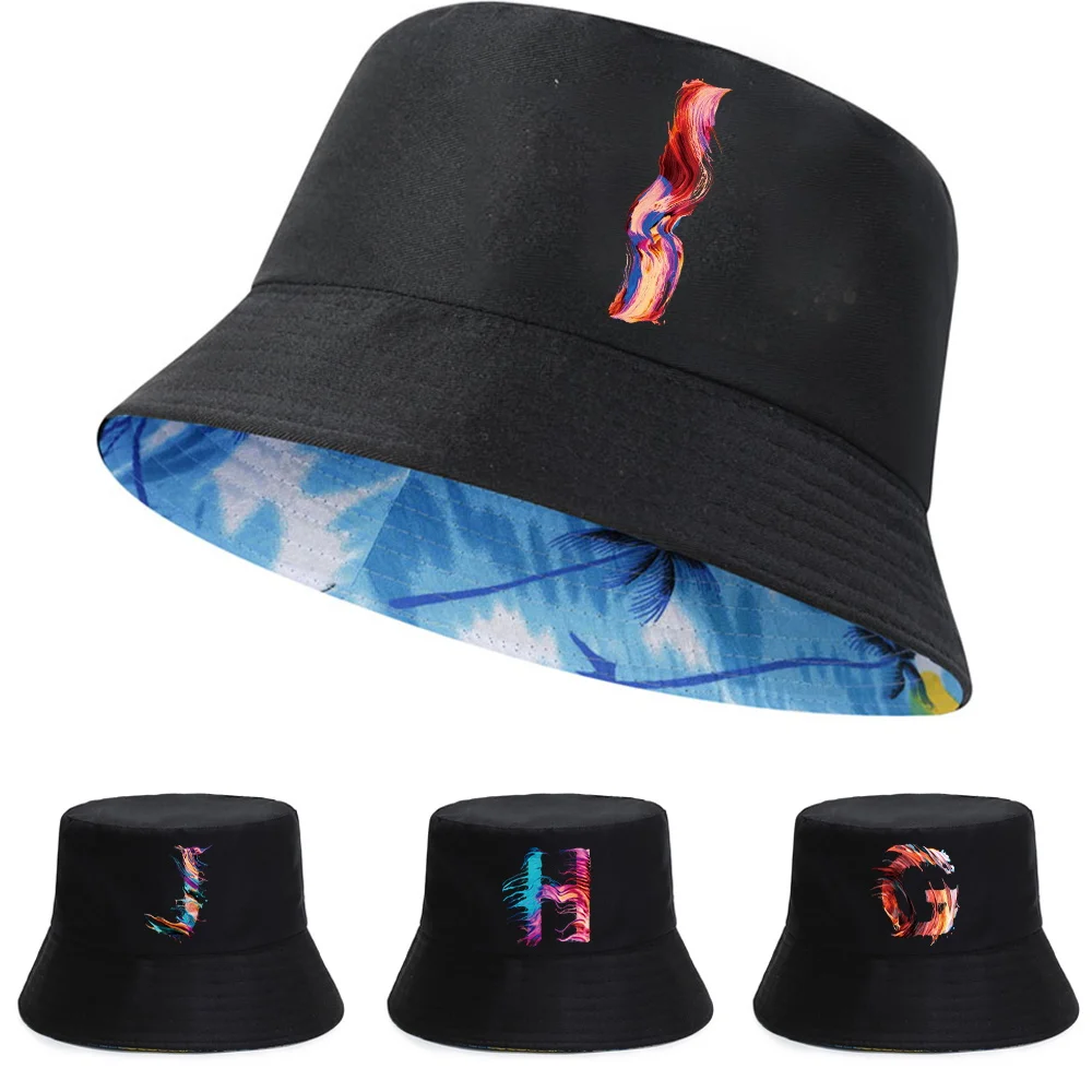 

2022 New Double-sided Fisherman Hat Men Go Out Fishing Beach Cap Ladies Travel Foldable Sunscreen Cotton Paint Letter Print Hats