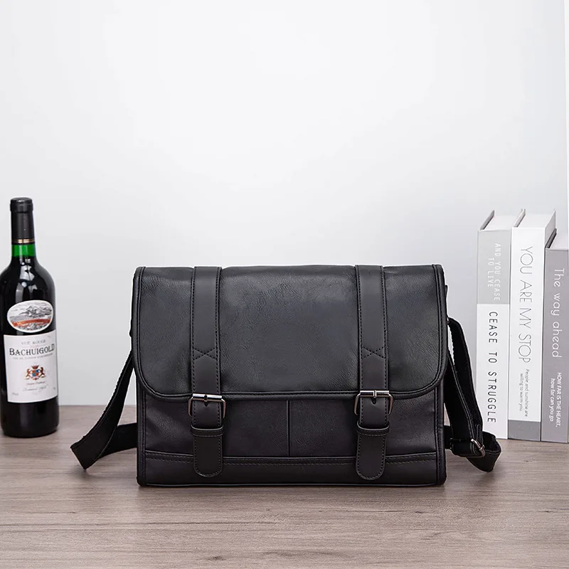 PU leather large-capacity men's travel single-shoulder bag, horizontal waterproof lock, square crossbody commuting computer bag