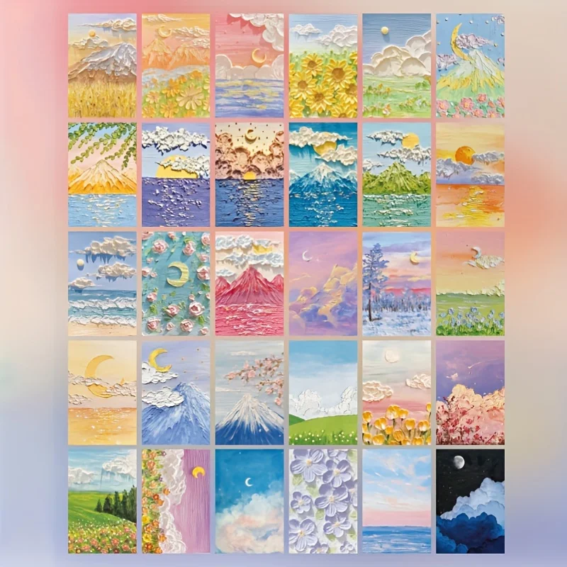 New 30 oil painting postcards, art greeting cards, layered art greeting cards, Flower and Grass Mountain Butterfly Moon