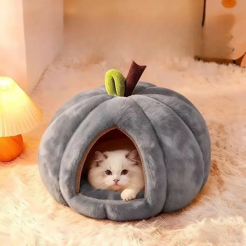 2026 Pumpkin Shaped Cats Bed Autumn and Winter Cat Accessories Semi Enclosed Thermal Insulation Pet Dog Cat's House Pet Supplies