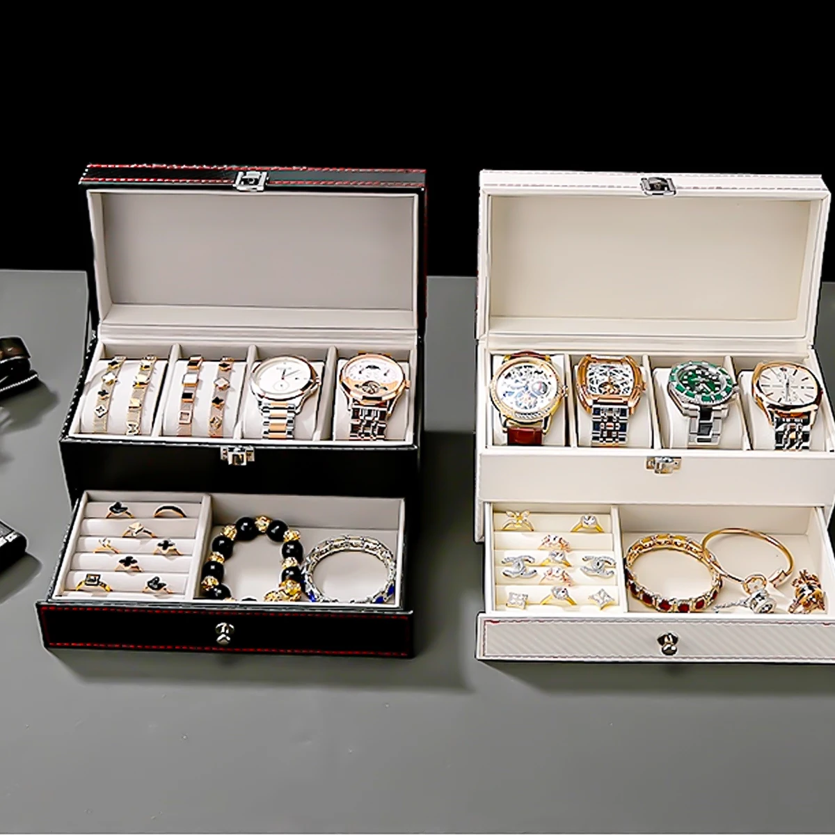 2-Tier Organizer Watch Showcase ﻿ Leather Lockable Watch Storage Boxes Men & Women's Jewelry Display Drawer Case