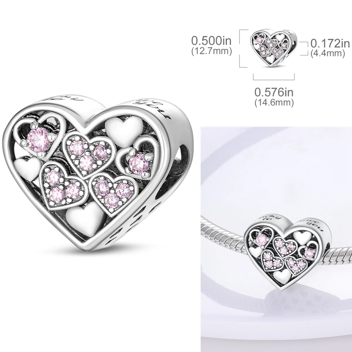 

925 Sterling Silver Pink Zirconium Love Heart Charms Bead Heart-shaped Pendants Fit Original Bracelet DIY Jewelry Gift