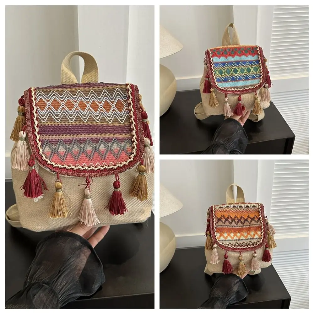 Рюкзак с кисточками в этническом стиле, маленькая школьная сумка, большая вместительная сумка на плечо с кисточками, школьная сумка в корейском стиле с холщовой вышивкой