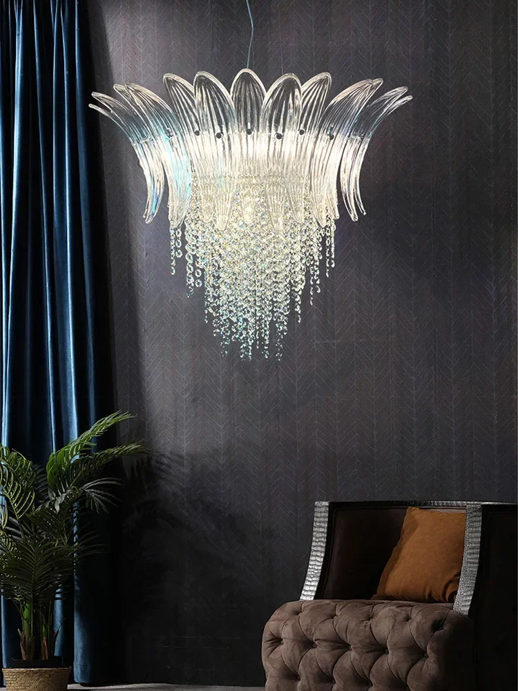 Petal Glass Flower Pendant Ceiling Lamp Minimalist Art Crystal Fringe Lamp for Living Room Staircase Villa Foyer Decor lamp