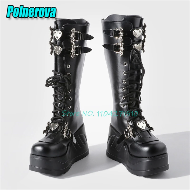 Punk Thick Bottom Knight Boots for Women Gothic Style Metal Belt Buckle Back Zipper Knee High Boots Black Leather Y2K Girl Shoes