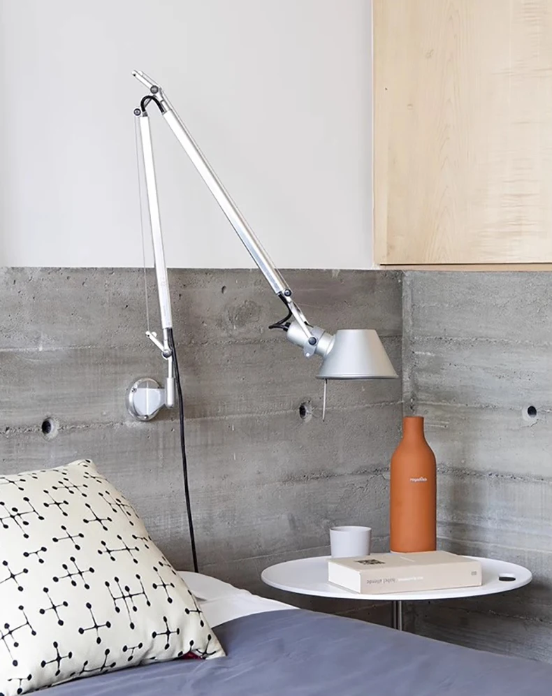 Long Arm Wall Lamp Silver Black Metal E27 Bulb Switch