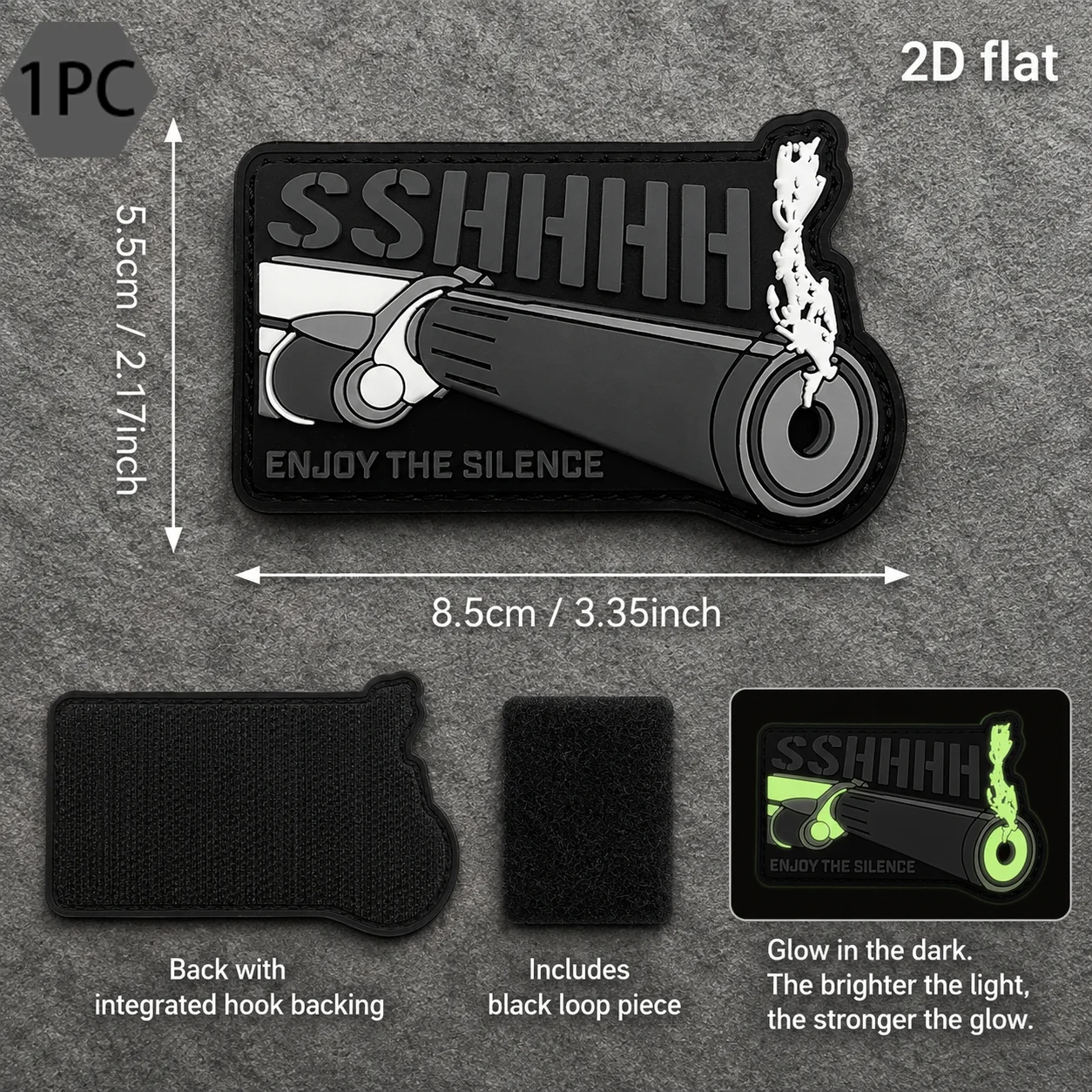 Simple black and gray English text pattern 2D flat PVC material, sound-absorbing device, luminous hook-and-loop fastener, resistant to tearing and non-adhesive, available in various sizes: 1pc, 2pcs, 3pcs. Comes with hook side and includes matching loop side fabric. Suitable for use on jackets, toolboxes, tactical luminous creative badges