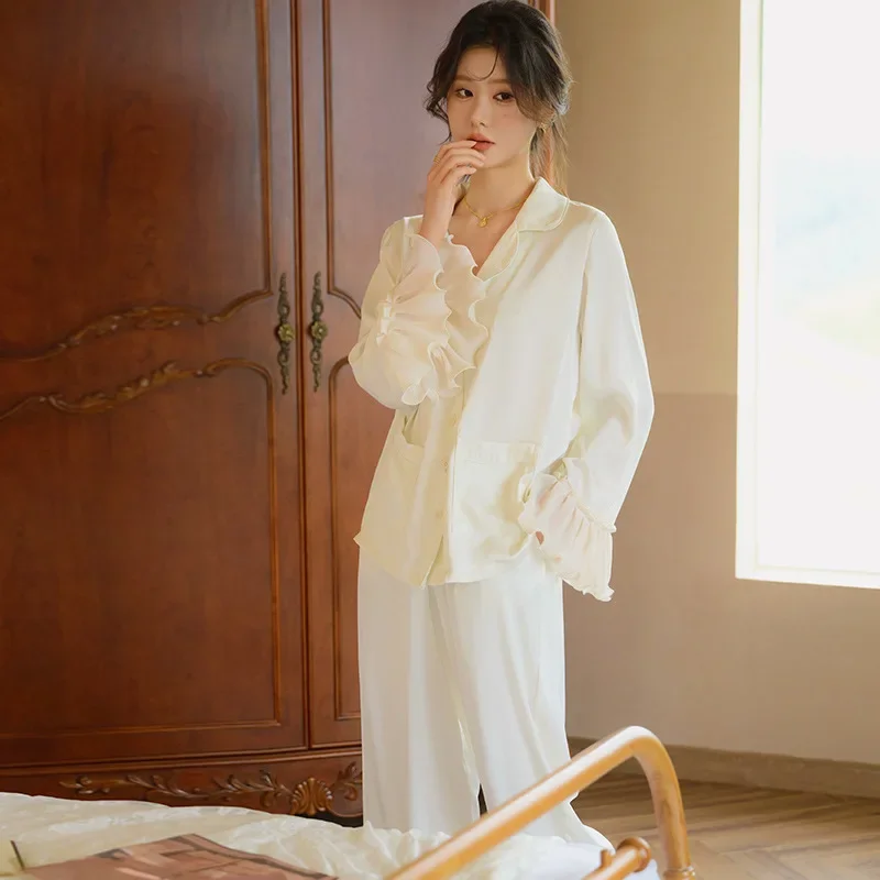 2024 Women French Two-Pieces Ice Silk Long Sleepwear Full Flare Sleeves Cardigan Pajamas Casual Loose Turn-Down Collar PYJS New