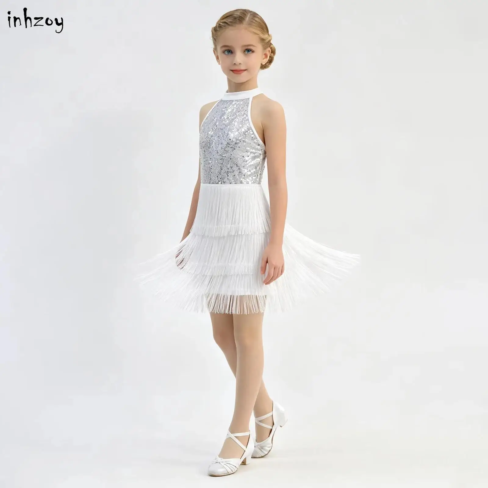 Kids Girls Latin Tango Dance Dress Halter Shiny Sequin Bodice Tiered Tassel Dress with Shorts for ChaCha Samba Stage Performance