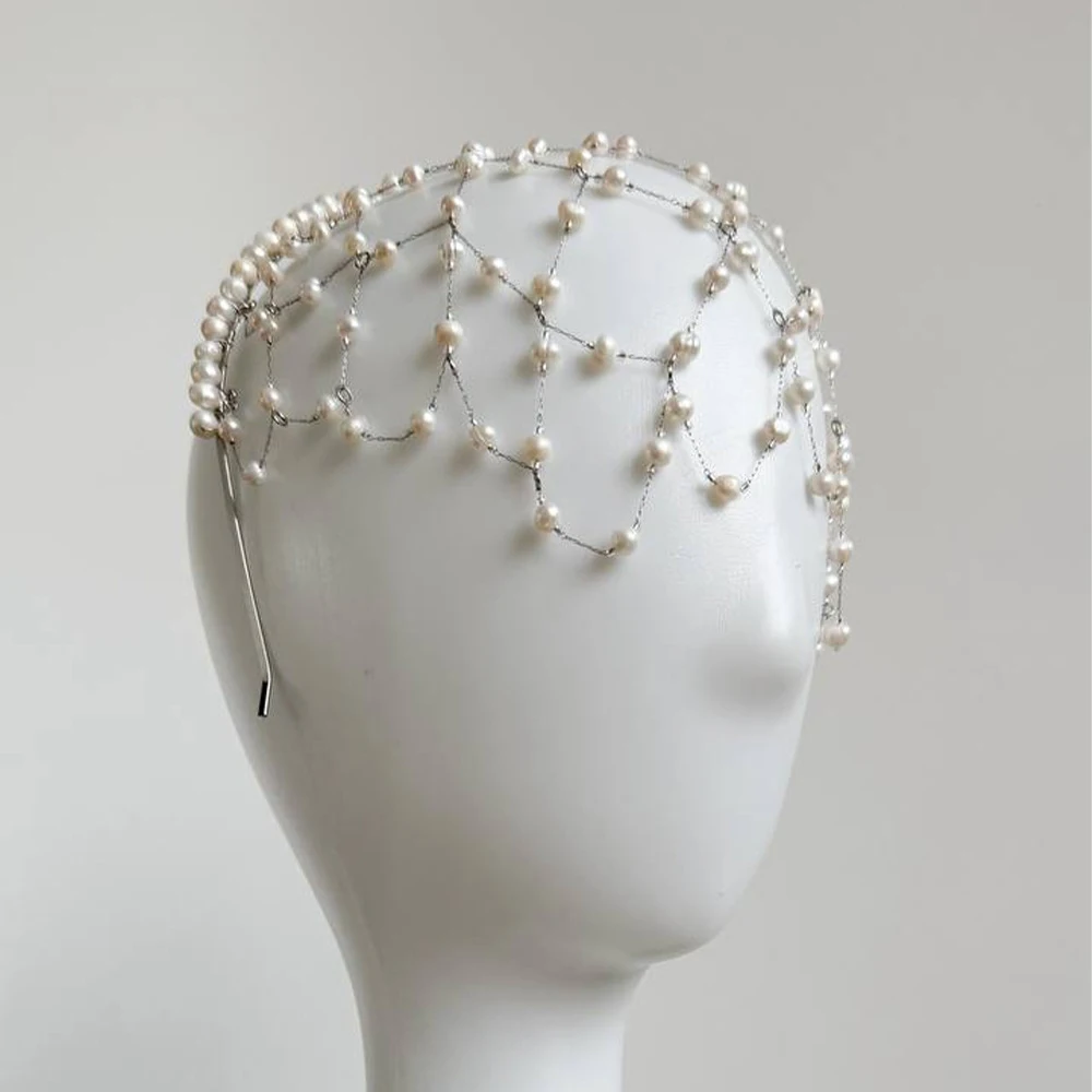 Temperament Bridal Mesh Headband Chain Wedding Hair Accessories Ins Fashion Imitation Pearl Forehead Headpiece for Women Gift