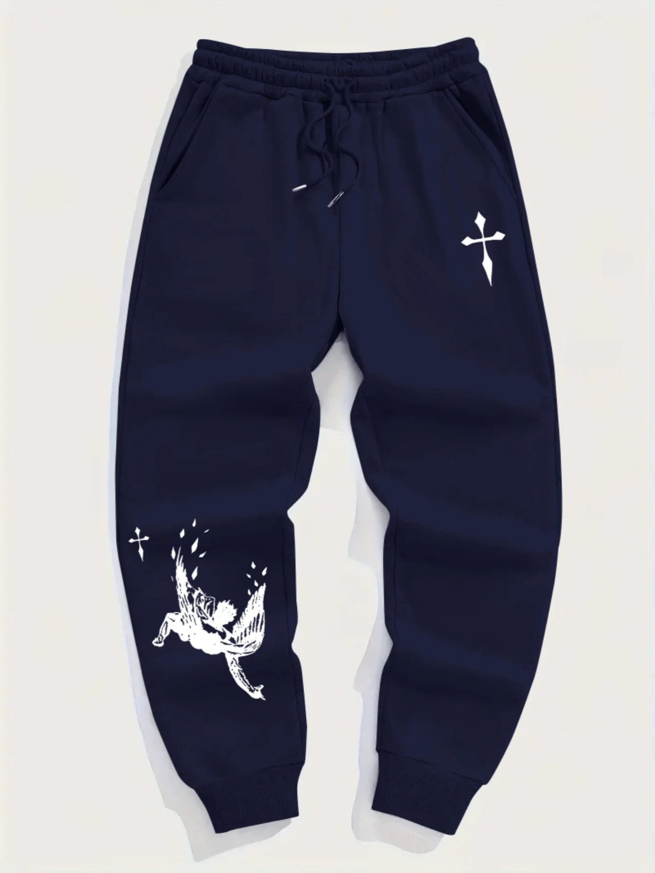 Artistic sketch‑style winged character cross sign side graphic fleece sweatpants men hip hop sports daily jogger trousers
