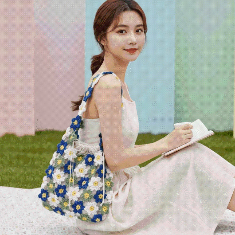 

Large Capacity Crochet Floral Tote Eco-Friendly Cotton Hollow-Out Texture Hand-Knitted Hobo Bag Lightweight Construction