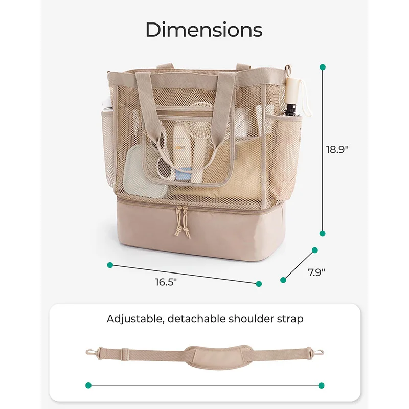 Sandproof Beach Tote Bag Multi-Pocket Mesh Transparent Bag Double-layer Heat Preservation Foldable Lightweight Picnic Beach Bags image 3