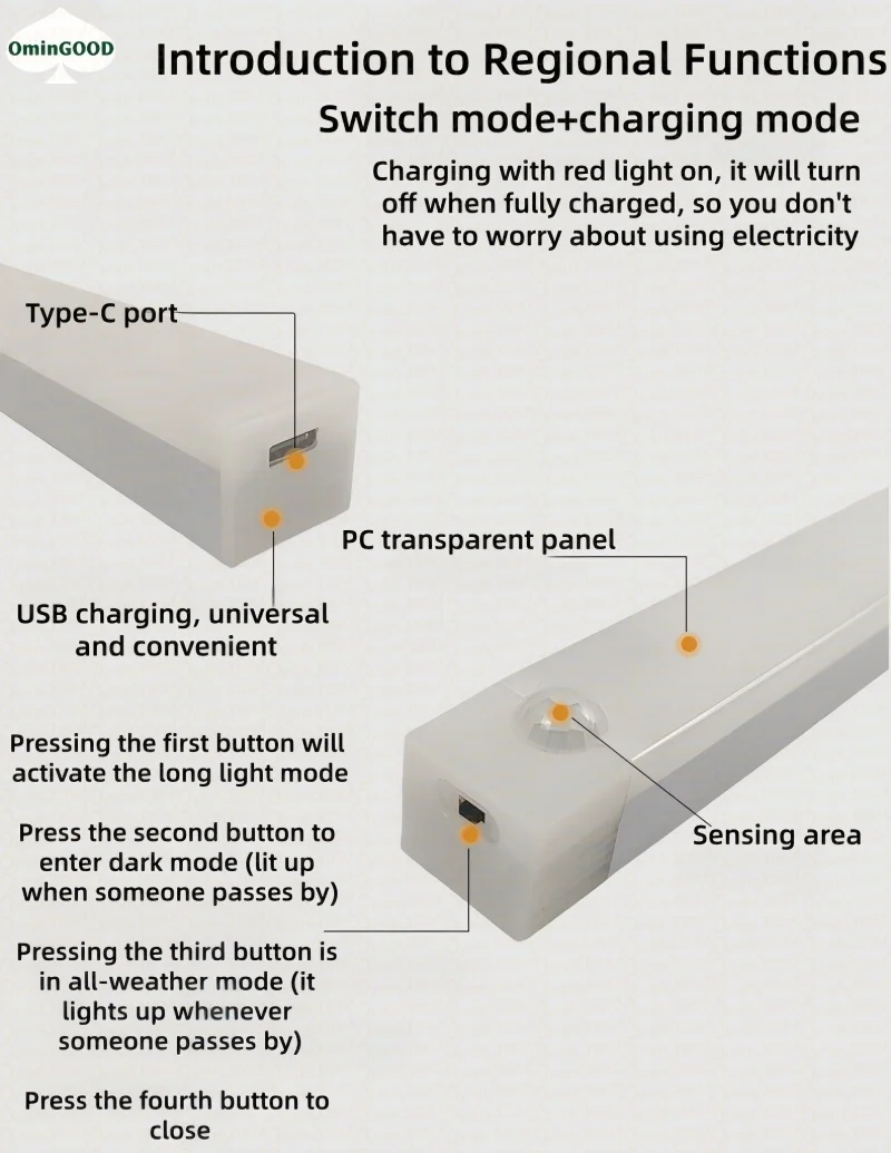 ضوء LED قابل لإعادة الشحن، ضوء استشعار الحركة اللاسلكية، شريط إضاءة أسفل الخزانة الداخلية، ضوء استشعار الممر #5