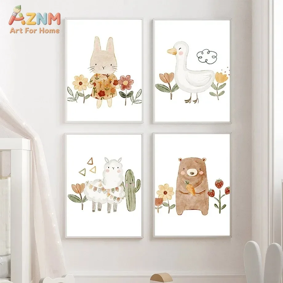 AZNM Watercolor Boho Cute Animals Canvas Wall Art Llama Bear Bunny Rainbow Sun Cloud Floral Warm Neutral Tone Print Sweet Cartoo