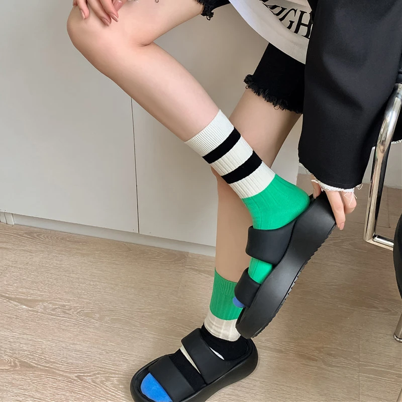 Retro Women\'s Socks Korean Style New Novelty Cotton Casual Mixed-Color Japanese Fashion AB Socks Comfort Striped Socks For Girls