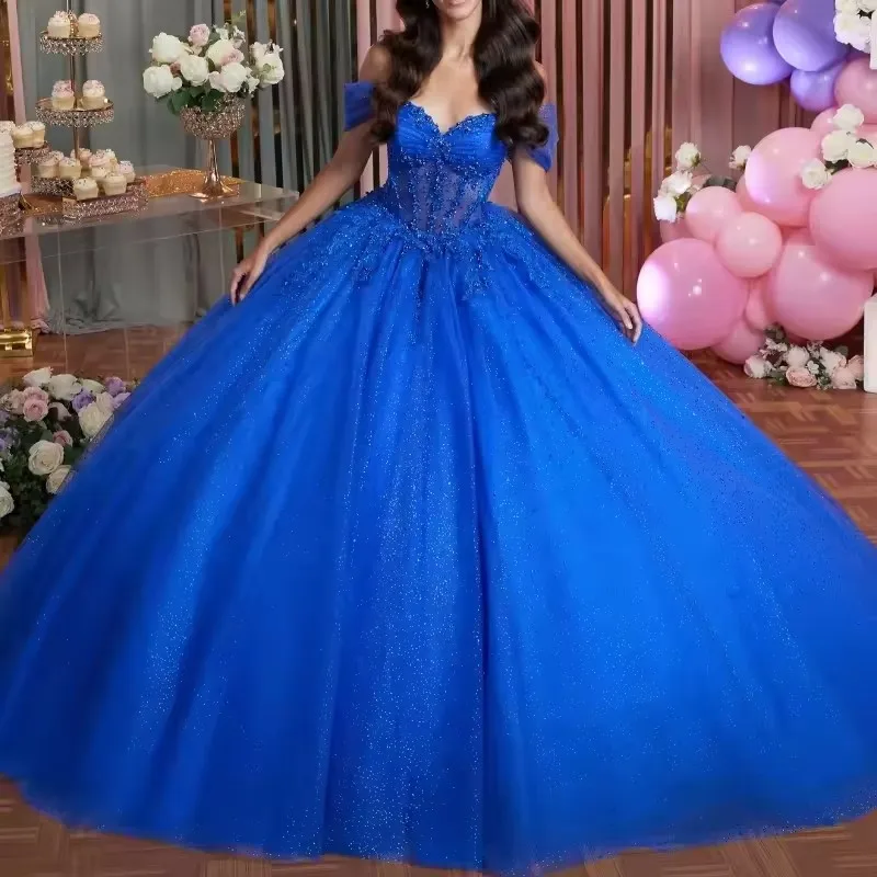 Bomaris Glittering Royal Blue Ball Gown Quinceanera Dresses Vestidos De 15 Anos Appliques Birthday Princess Party Customized