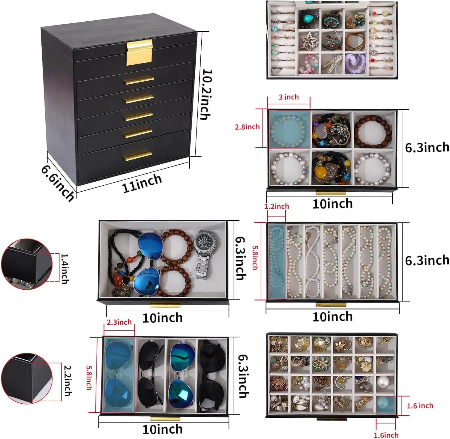 6-Layer Jewelry Organizer with Drawers and Mirror - Large Storage Box for Earrings, Necklaces, Rings