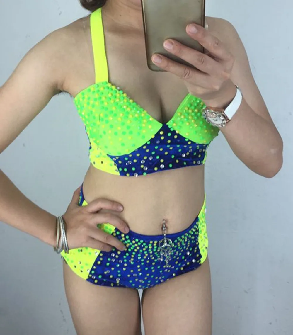 الفلورسنت الأخضر الراين بيكيني القطب ملابس رقص ملهى ليلي بار جوجو راقصة أداء الزي كرنفال Dancewear yj034