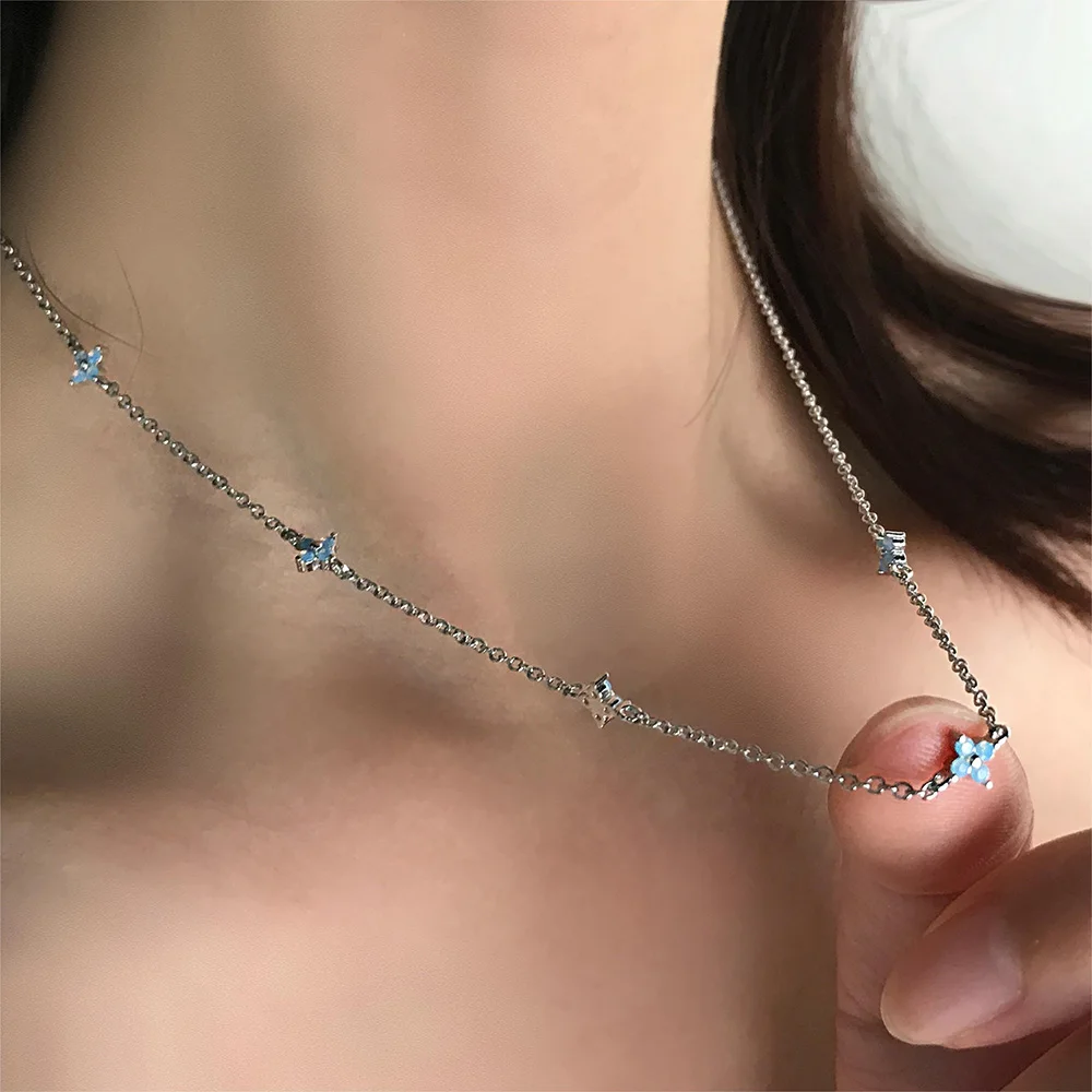 New Design Leaves Flower Necklace For Women Charm Blue Crystal Four Clover Choker Chain Luxury Jewelry Gift Wholesale KDN005