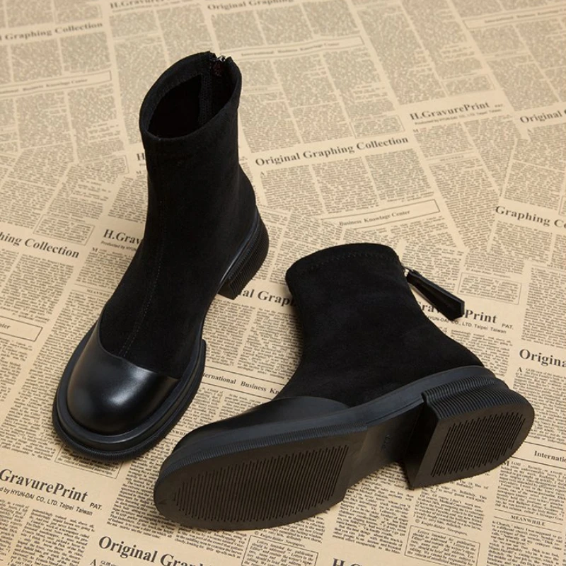 French Minimalist Stretch Sock Boots Women Vintage Round Toe Chunky Heel Fashion Booties Quiet Luxury Matte Leather Ankle Boots