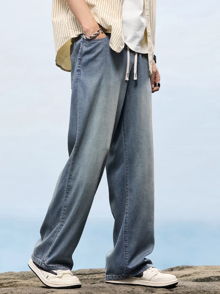الربيع الصيف رقيقة فضفاض الجينز الرجال ليوسيل النسيج تنفس موضة مستقيم السراويل واسعة الذكور تمتد الكورية سراويل جينز #4