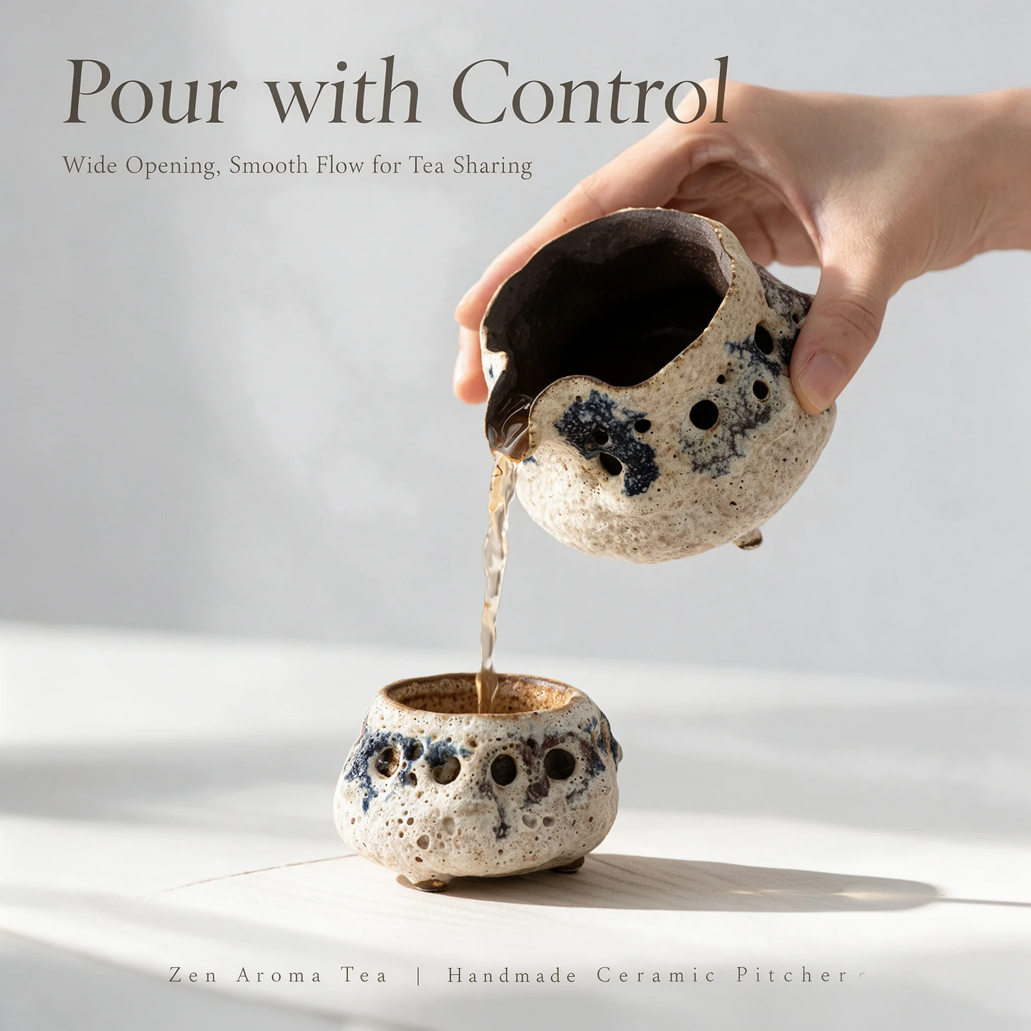 Elegant Handmade Kohiki Ceramic Fair Cup Tea Sea Double Layer Heat Insulated Retro Wabi Sabi Zen for Home Tea Ceremony Gift