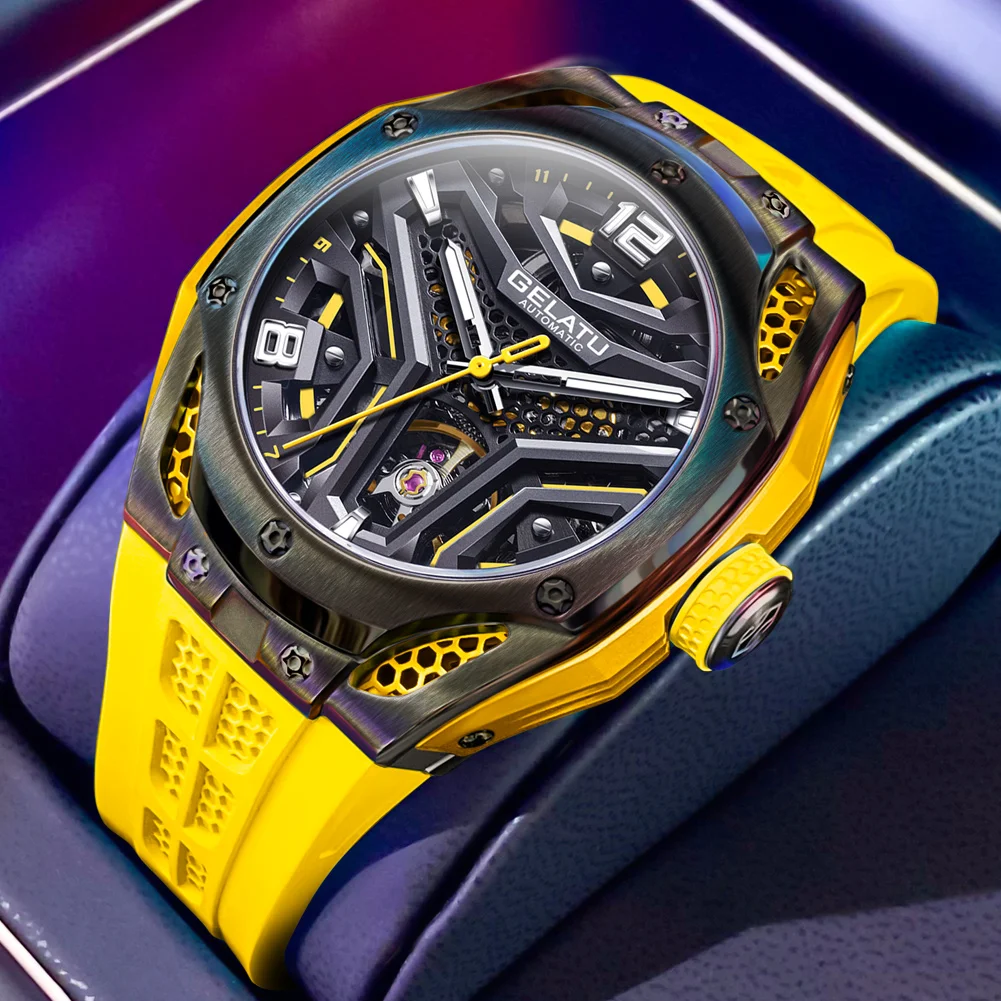 GELATU Men Automatic Mechanical Watch Tourbillon Hollow Dial Sport Racing Style Yellow Rubber Strap Luxury Male Wristwatch