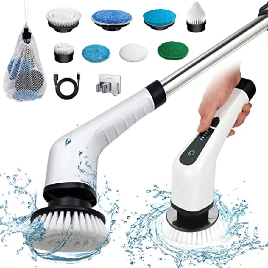 Electric Spin Scrubber, Cordless Bath Tub Power Scrubber with 8 Replaceable Drill Brush Heads, Shower Cleaning Brush with Adjus