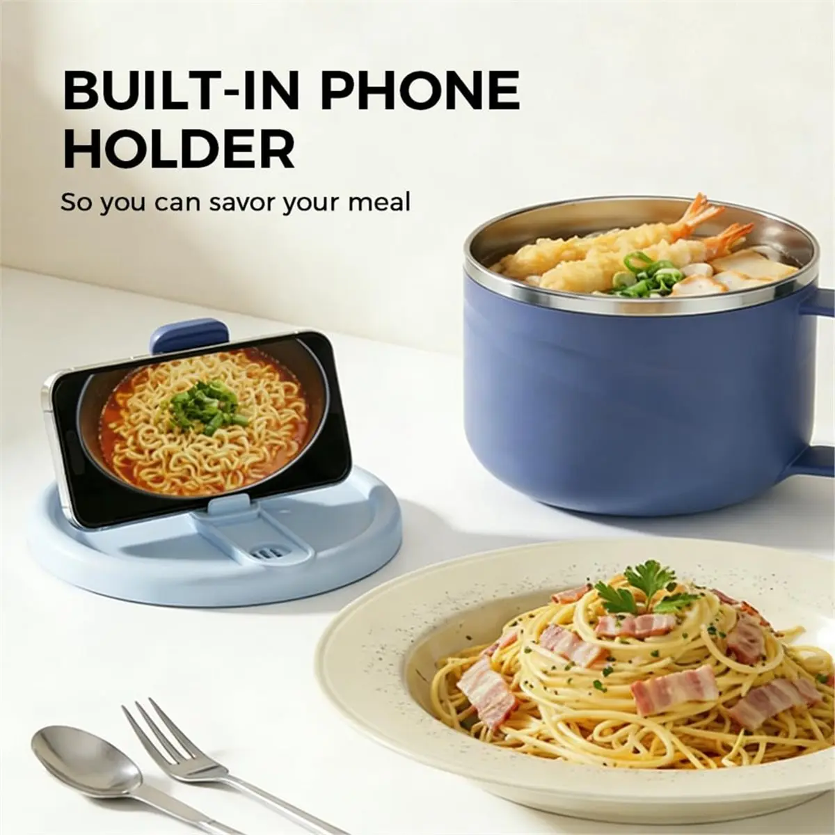 1200ml Ramen Bowls with Handles, Noodle Bowl, 304 Stainless Steel Insulated Ramen Bowl, Speedy Ramen Cooker Soup Bowl