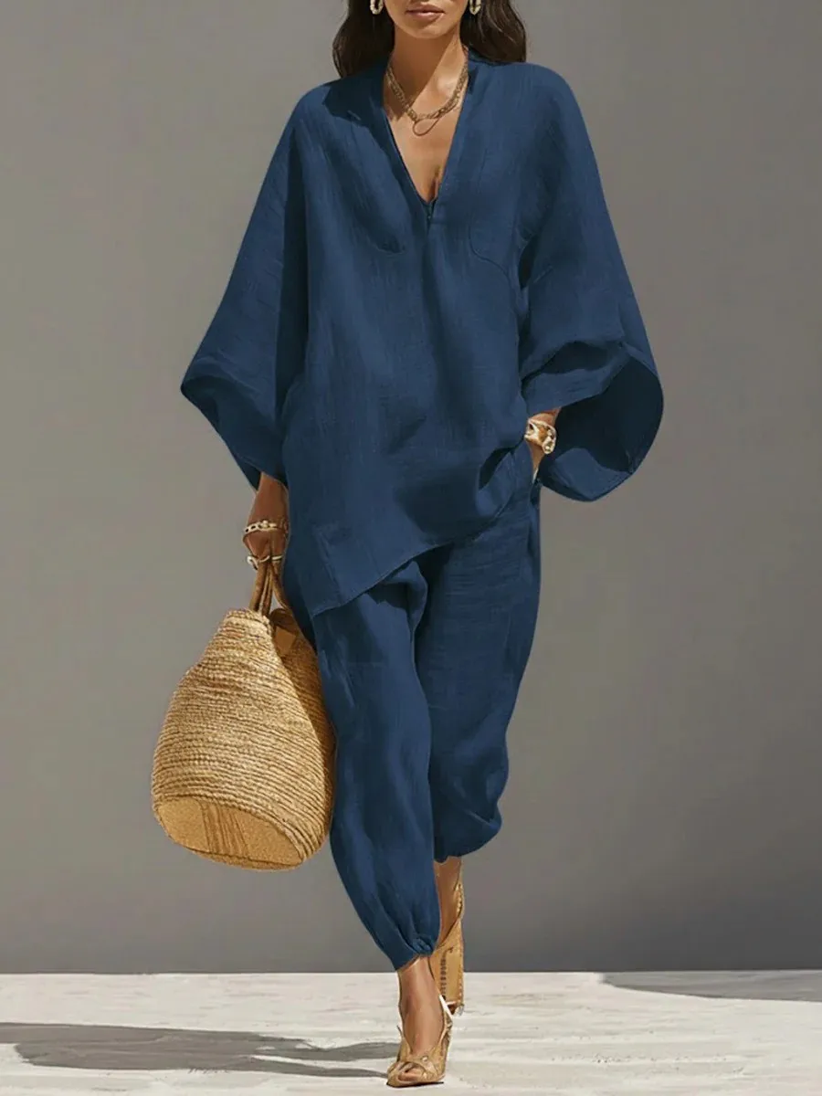 Conjunto de 2 Piezas para Mujer, Top Holgado + Pantalones Largos, Conjuntos de Ropa Femenina, Conjunto de Lino para Mujer