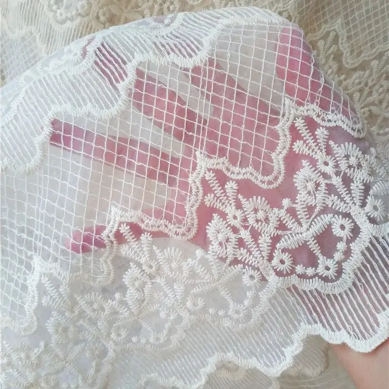 

Exquisite organza lace embroidered floral diamond lattice mesh fabric for wedding dresses and home decor fabric by the yard
