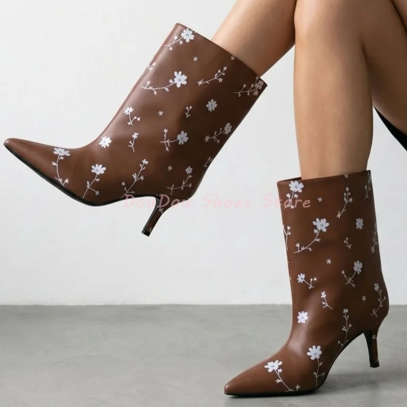 Black Polka Dot Pointed Toe Slip On Ankle Boots Women Blue Floral Print Kitten Heel Short Boots Fashion Trendy Casual Dress Shoe
