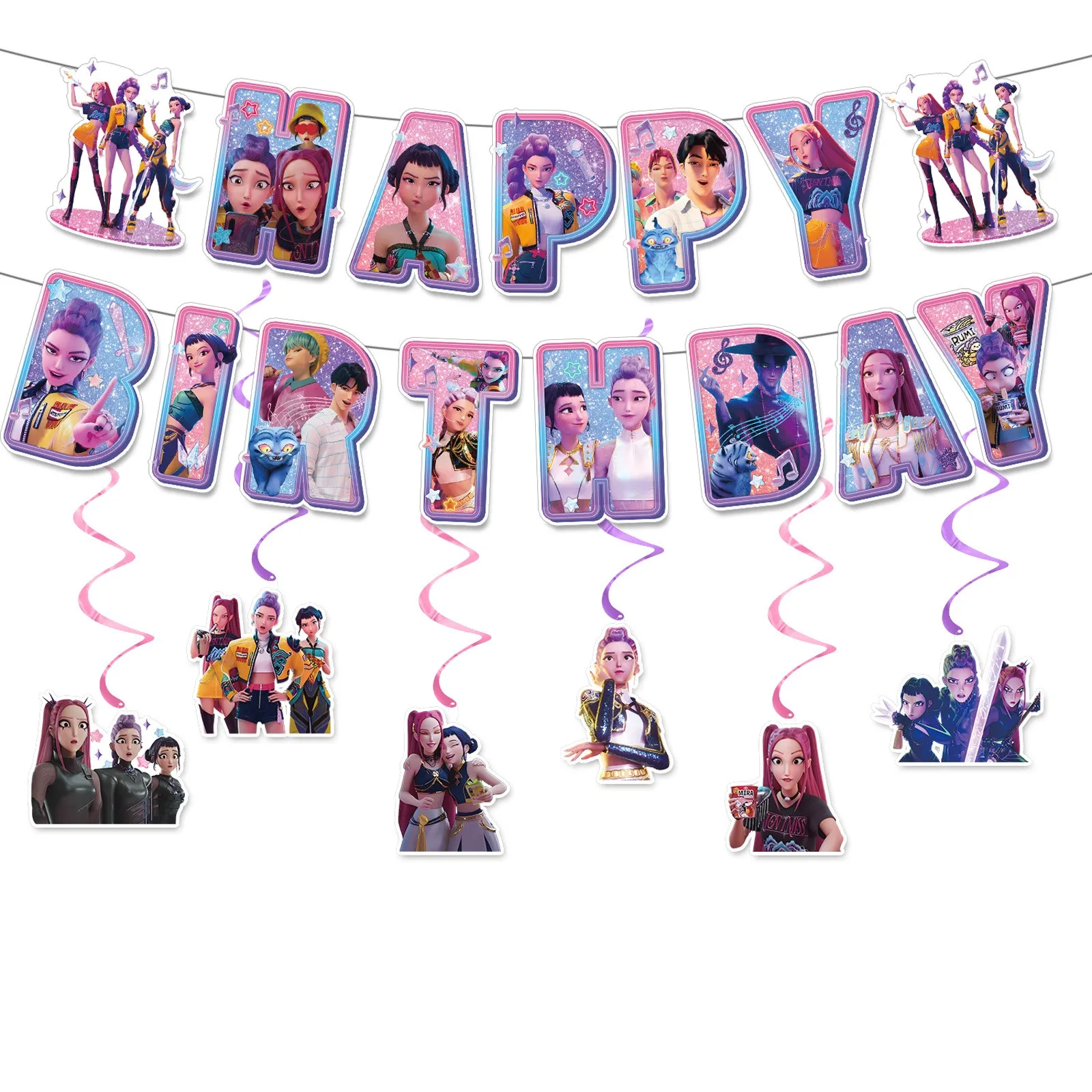 Kpop Demone Decorazione festa di compleanno Gruppo cacciatore Forniture per feste di compleanno Huntrix Kpop Anime Cake Topper Palloncini Bandiera appesa