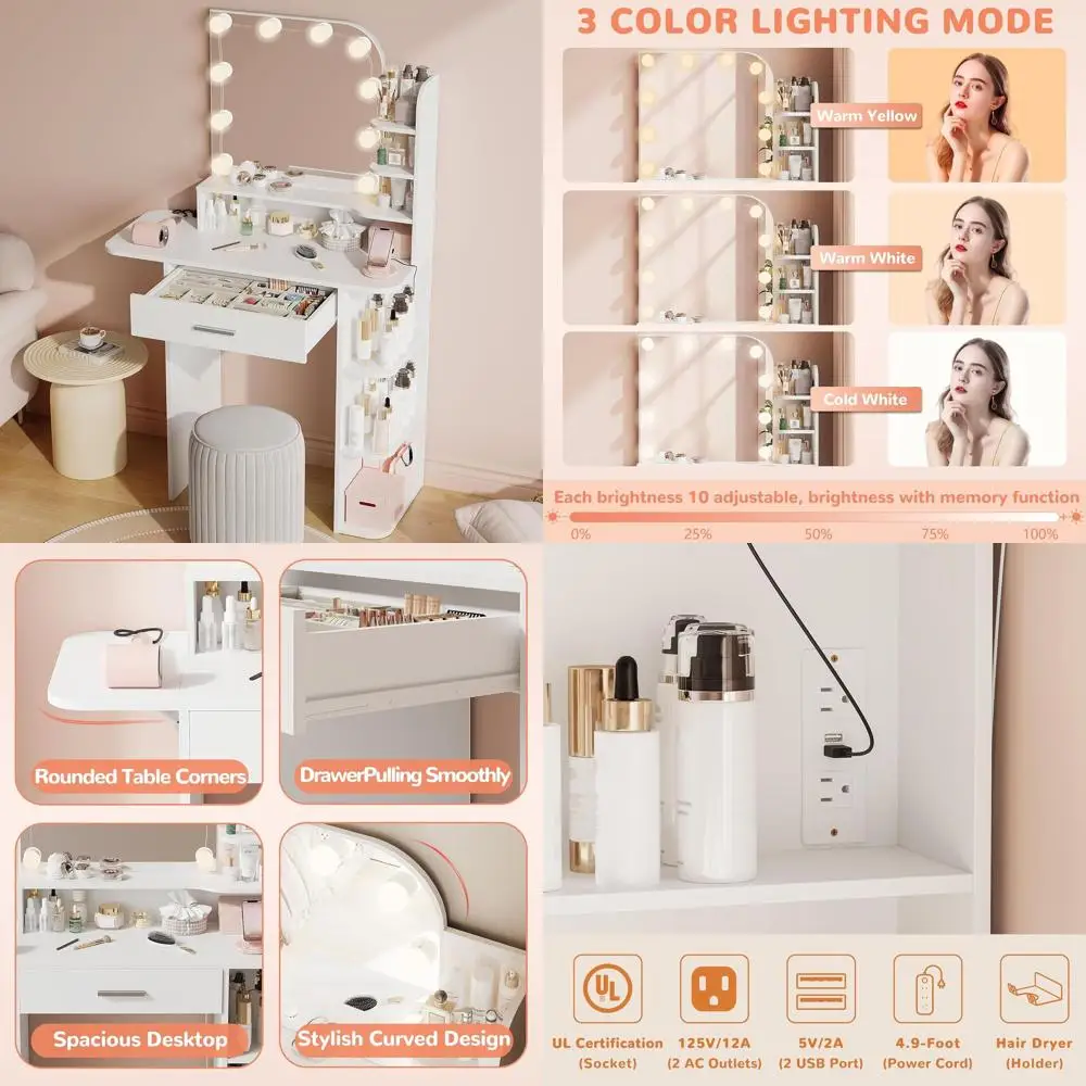 

Туалетный столик с подсветкой, розеткой, зеркалом 34,25 дюйма, складной полкой и 6 отсеками для хранения, белый