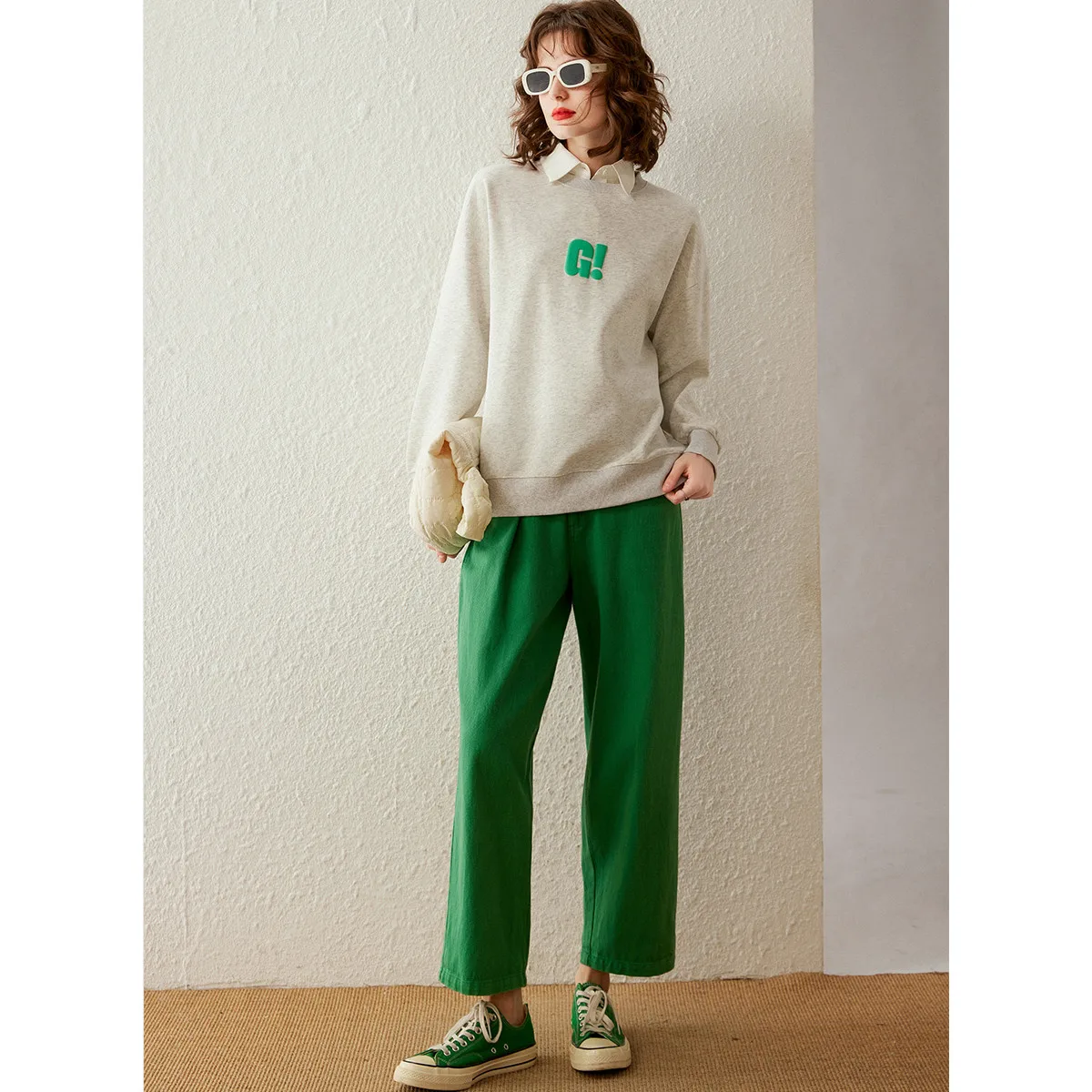 LOUIS YAO Women Sweatshirt 2023 Autumn Long Sleeve Letter Print O Neck Loose Hoodies Casual Pullover Gray Green Black Women Tops