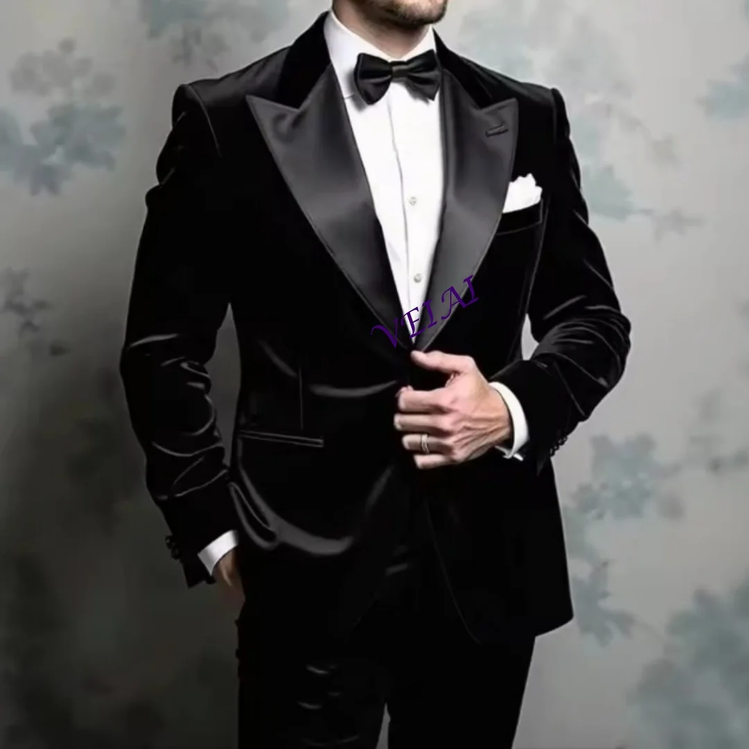 

Индивидуальный новый стиль, черный бархатный мужской костюм, деловой костюм для жениха, жениха, свадебной вечеринки, выпускного вечера, мужские смокинги, комплект из 2 предметов, блейзер Pan