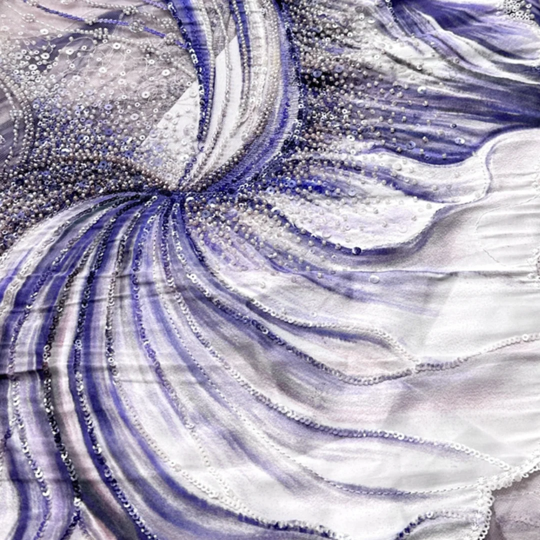 

Streamlined Line Design Lace Fabric 1 Yard French Tulle Mesh with Rhinestones and Sequins for Elegant Dress Sewing High Quality