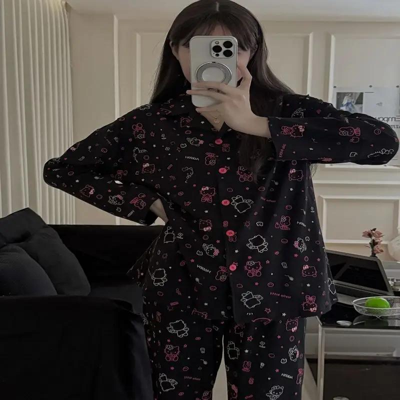 

Женский осенний хлопковый пижамный комплект Hello Kitty 2025 года, домашняя одежда с длинными рукавами и мультяшным принтом, уютная одежда для сна, домашняя одежда