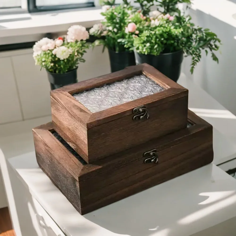 Vintage Solid Wood Haitang Flower Glass Box - Desktop Sorting Wooden Cabinet Makeup Table Decoration Flipping Wooden Box