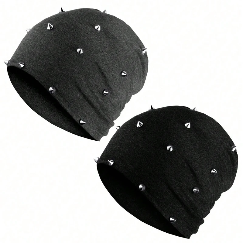 1 Stück Gothic-Mütze Unisex Goth Beanie mit Nieten Rock Punk Hut mit Spikes für Männer und Frauen, Schwarz Grau, Y2K-Stil Leicht und Bequem – Detail 9