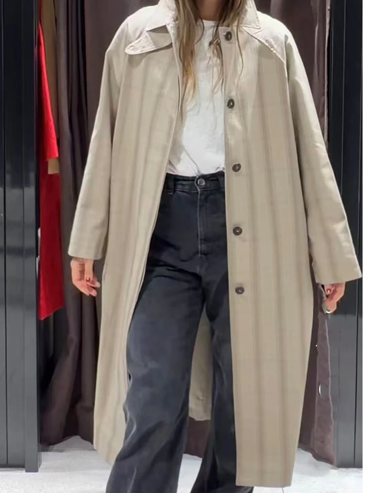 TFMLN Women's Long Trench Coat Long Sleeve Side Pockets Maxi Windbreaker Lapel Single Breasted Fashion Autumn Tench Coats