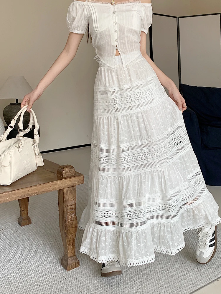 Heavy Industry Hollow Out Embroidered Cotton White Skirts Women Long Maxi Skirt 2024 New Fashion Vintage Patchwork A-Line Skirt