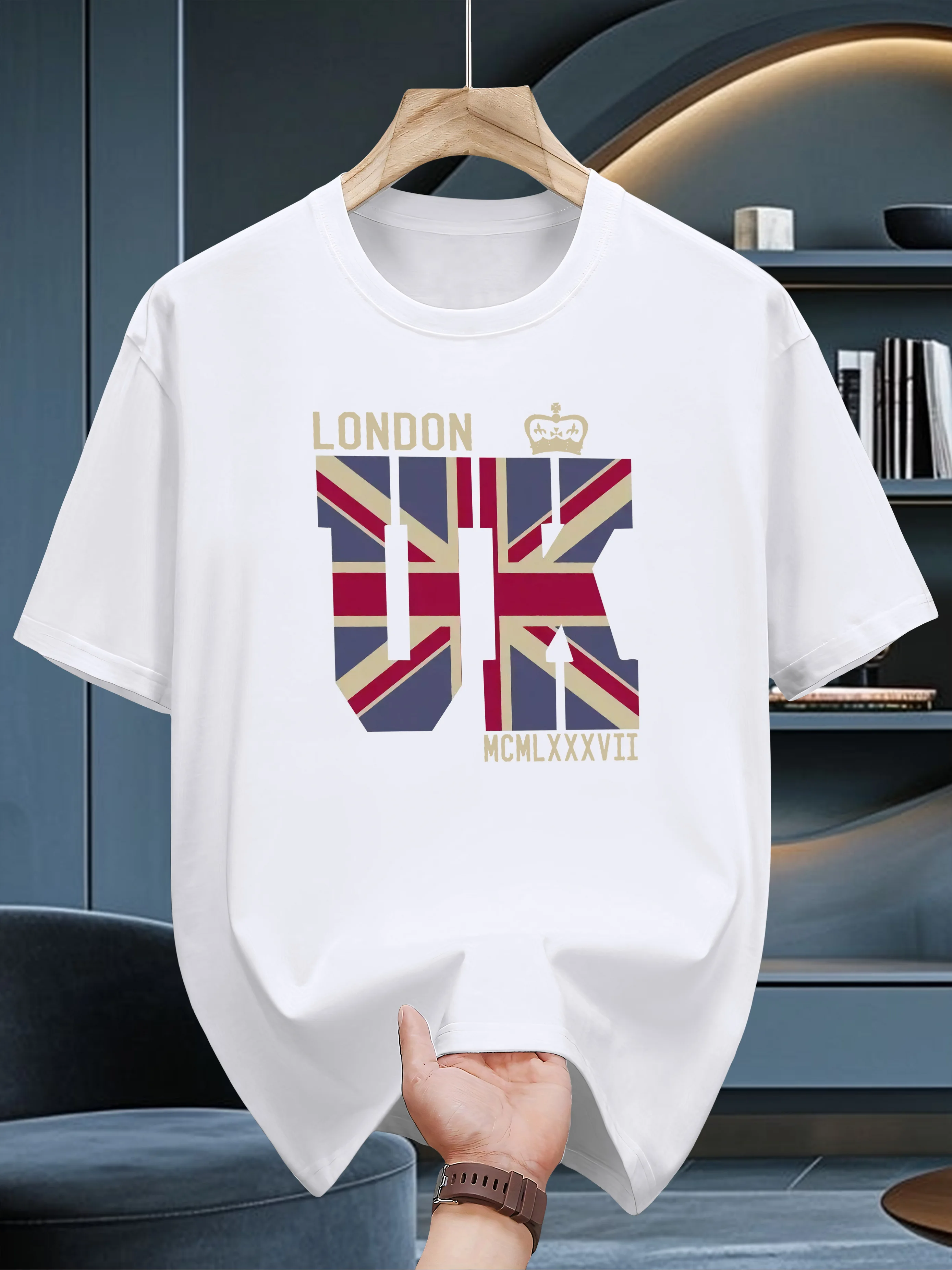 2026 Men's High Street Fashion Creative London Letter Pattern Printed Casual Daily Round Neck Short Sleeve Cotton T-shirt